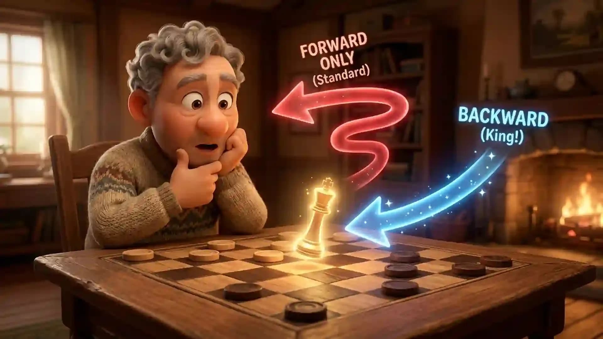 Animated player learning backward moves in checkers with arrows showing forward and backward movement on a checkers board.