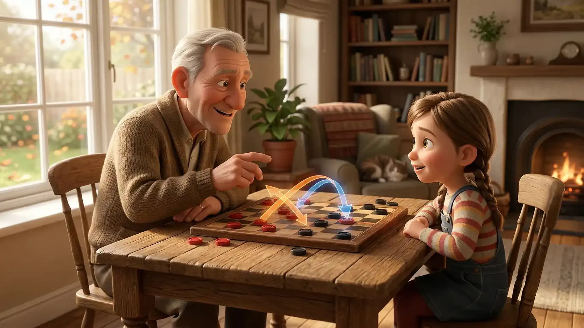 Grandfather teaching a child checkers strategy with multiple jumps on a wooden board