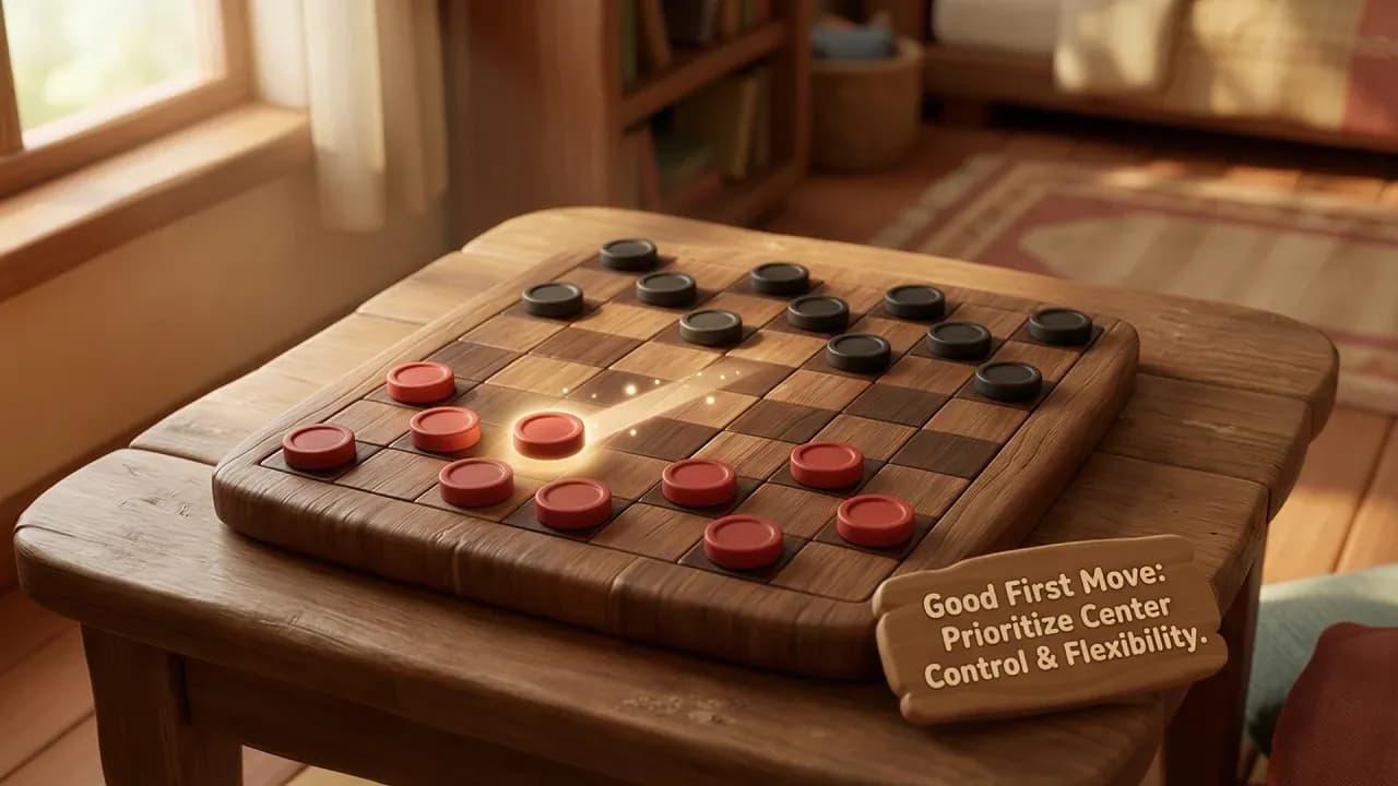 Checkers basics board setup showing initial piece positions and diagonal move example