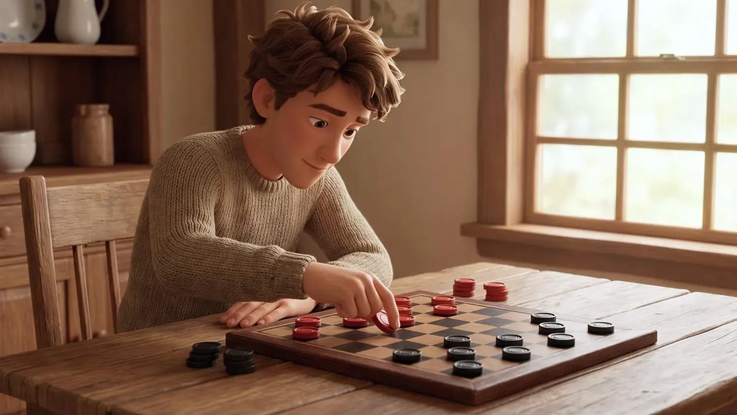 Checkers board setup showing red and black pieces arranged correctly on a wooden board