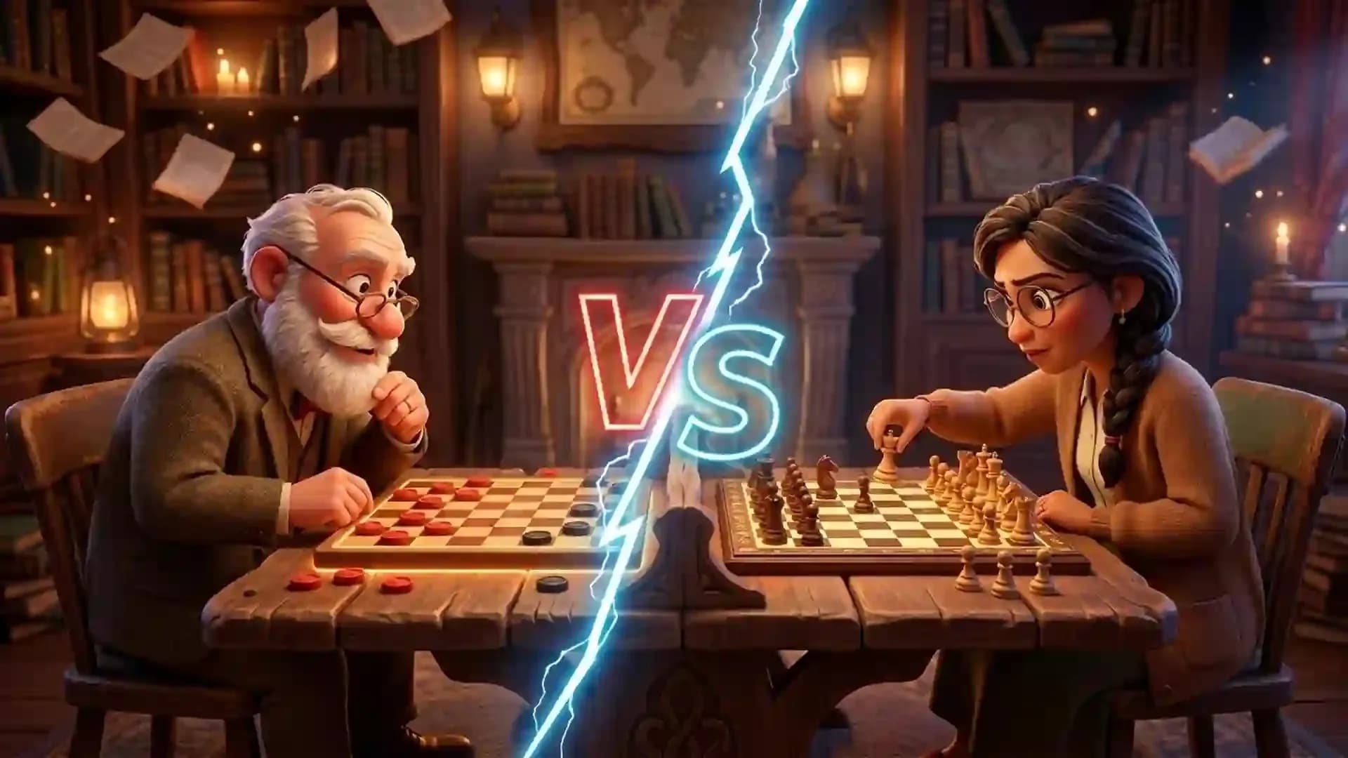 Illustration of a checkers player competing against a chess player in a strategy game comparison scene with glowing VS effect.