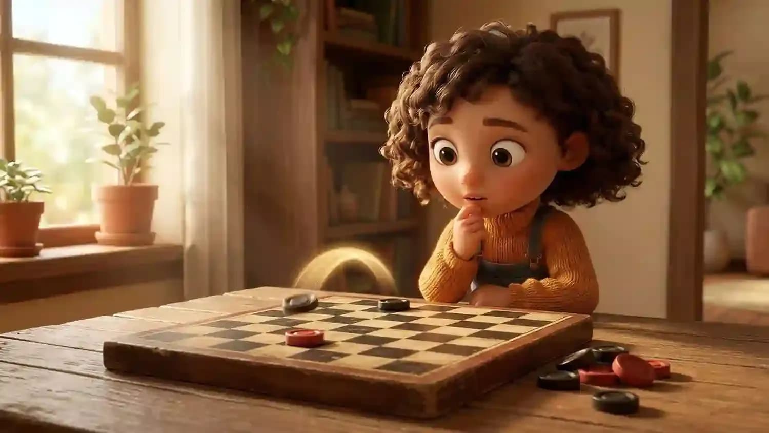 Kinderspiel-Checker, die eine erzwungene Sprungbewegung auf einem Checkerbrett zeigen