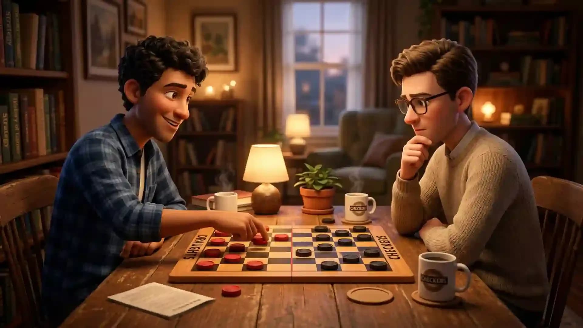 Two players competing in a draughts and checkers match on a wooden board, highlighting the strategic gameplay and similarities between draughts vs checkers.