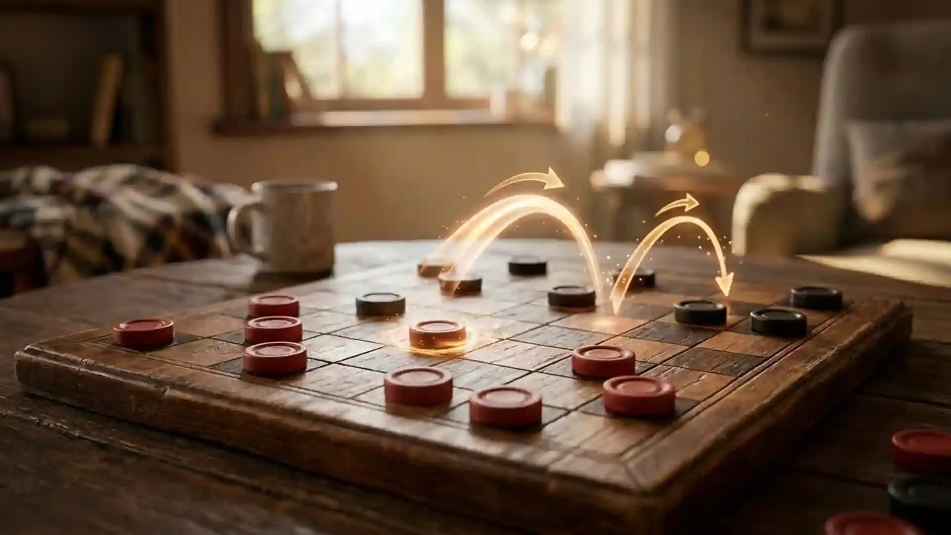 Classic wooden checkers board with red and black pieces showing strategic moves in a warm indoor setting inspired by traditional board games.